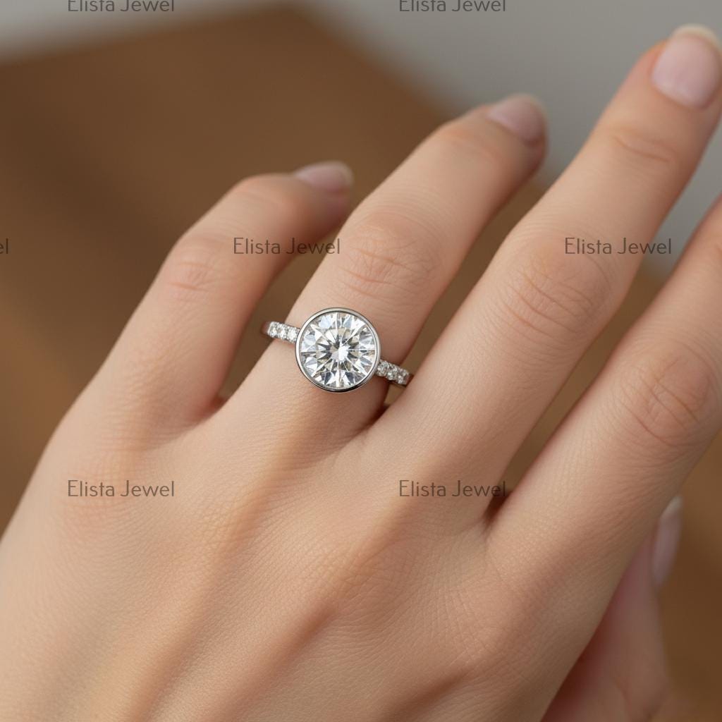 Round Lab-Grown Diamond Engagement Ring, 14K White Gold Pave Band
