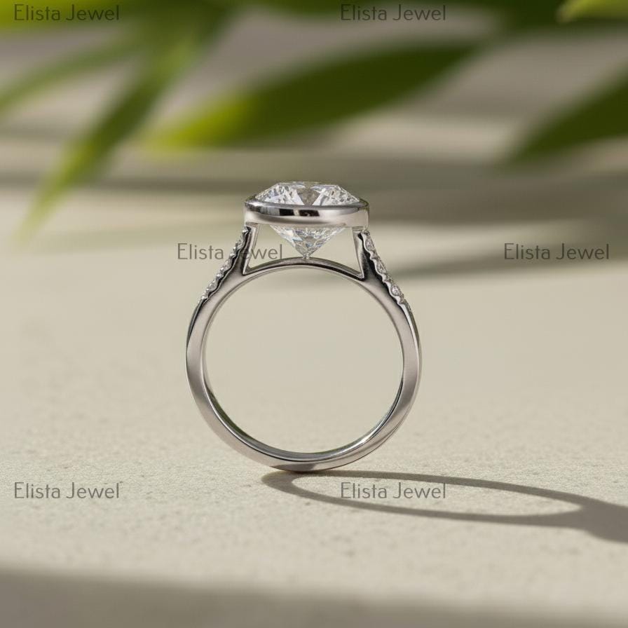 Round Lab-Grown Diamond Engagement Ring, 14K White Gold Pave Band