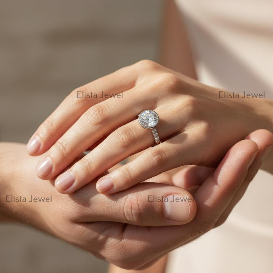 Round Lab-Grown Diamond Engagement Ring, 14K White Gold Pave Band
