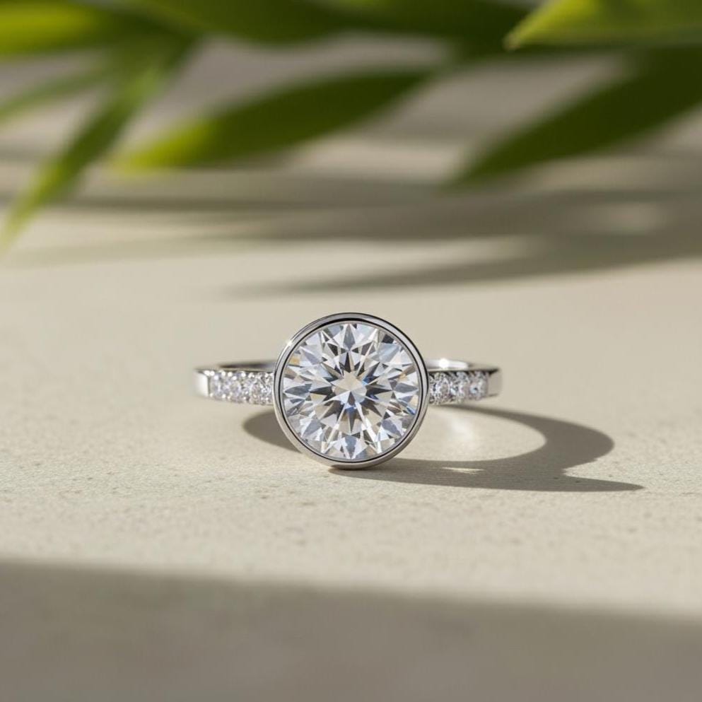 Round Lab-Grown Diamond Engagement Ring, 14K White Gold Pave Band