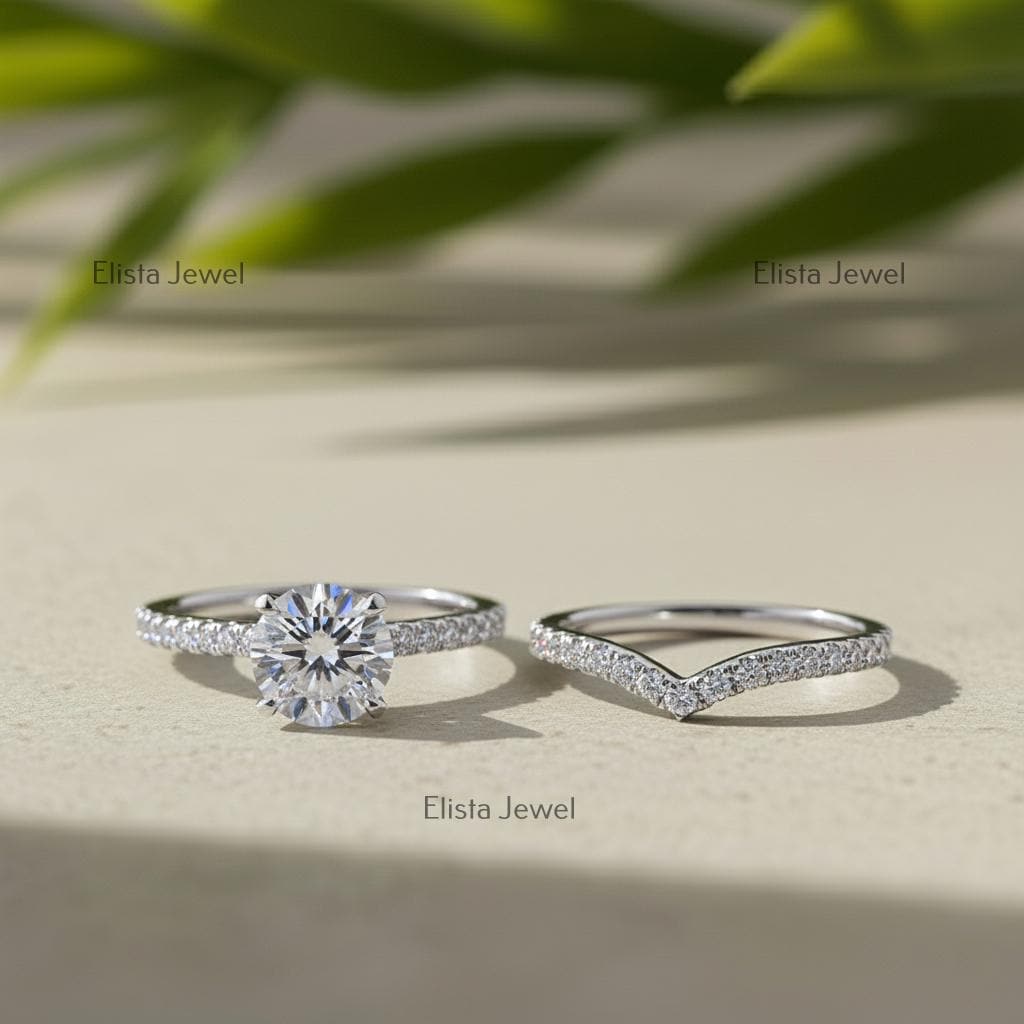 Round Lab-Grown Diamond Bridal Set Solitaire Pave Chevron Band in 14K Solid White Gold