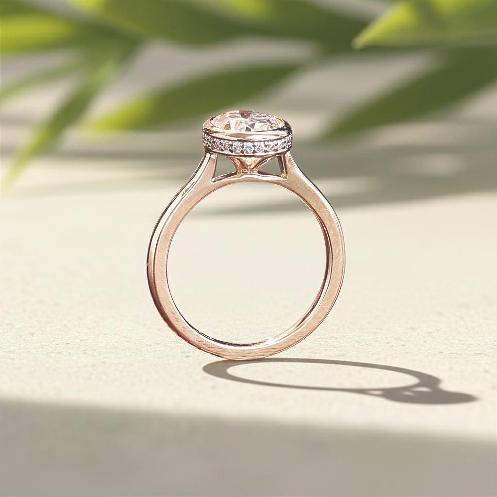 Oval Lab-Grown Diamond Rose Gold Engagement Ring, Pavé Halo Bezel Set