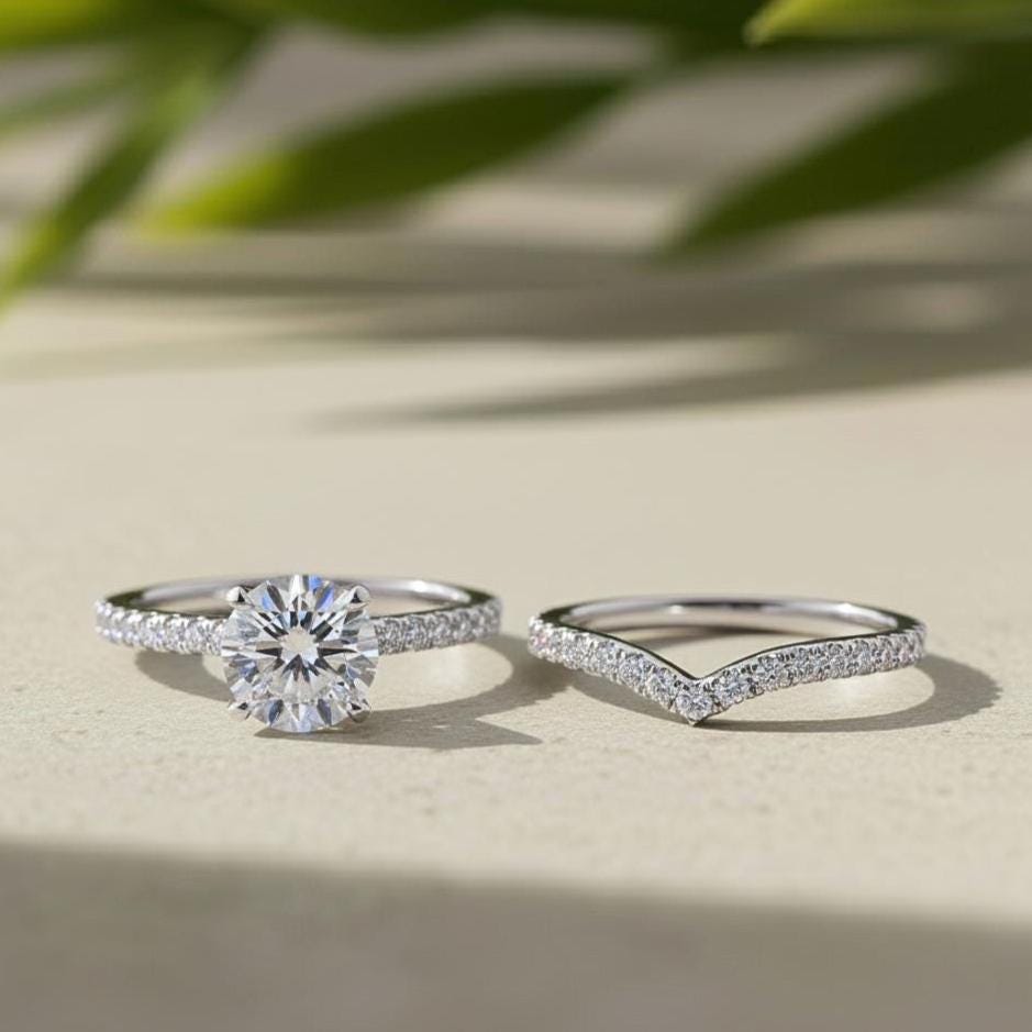 Round Lab-Grown Diamond Bridal Set Solitaire Pave Chevron Band in 14K Solid White Gold