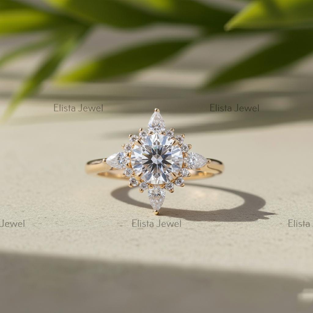 Lab-Grown Diamond Halo Engagement Ring, 14K Yellow Gold Floral Ring