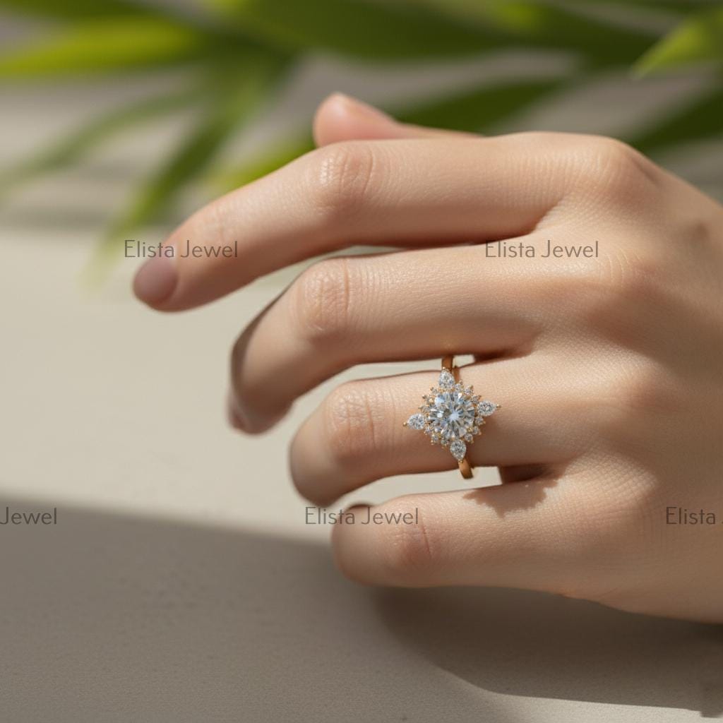 Lab-Grown Diamond Halo Engagement Ring, 14K Yellow Gold Floral Ring