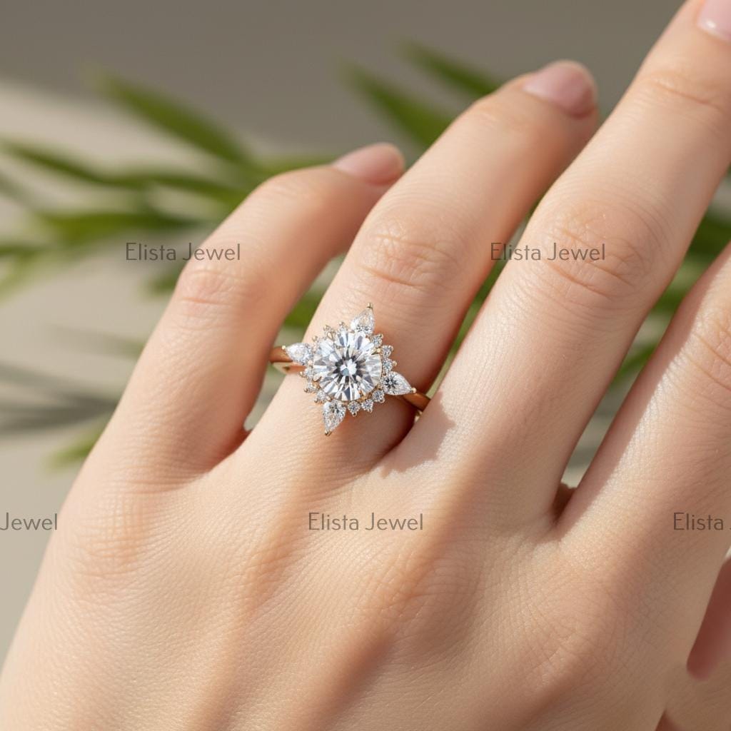 Lab-Grown Diamond Halo Engagement Ring, 14K Yellow Gold Floral Ring