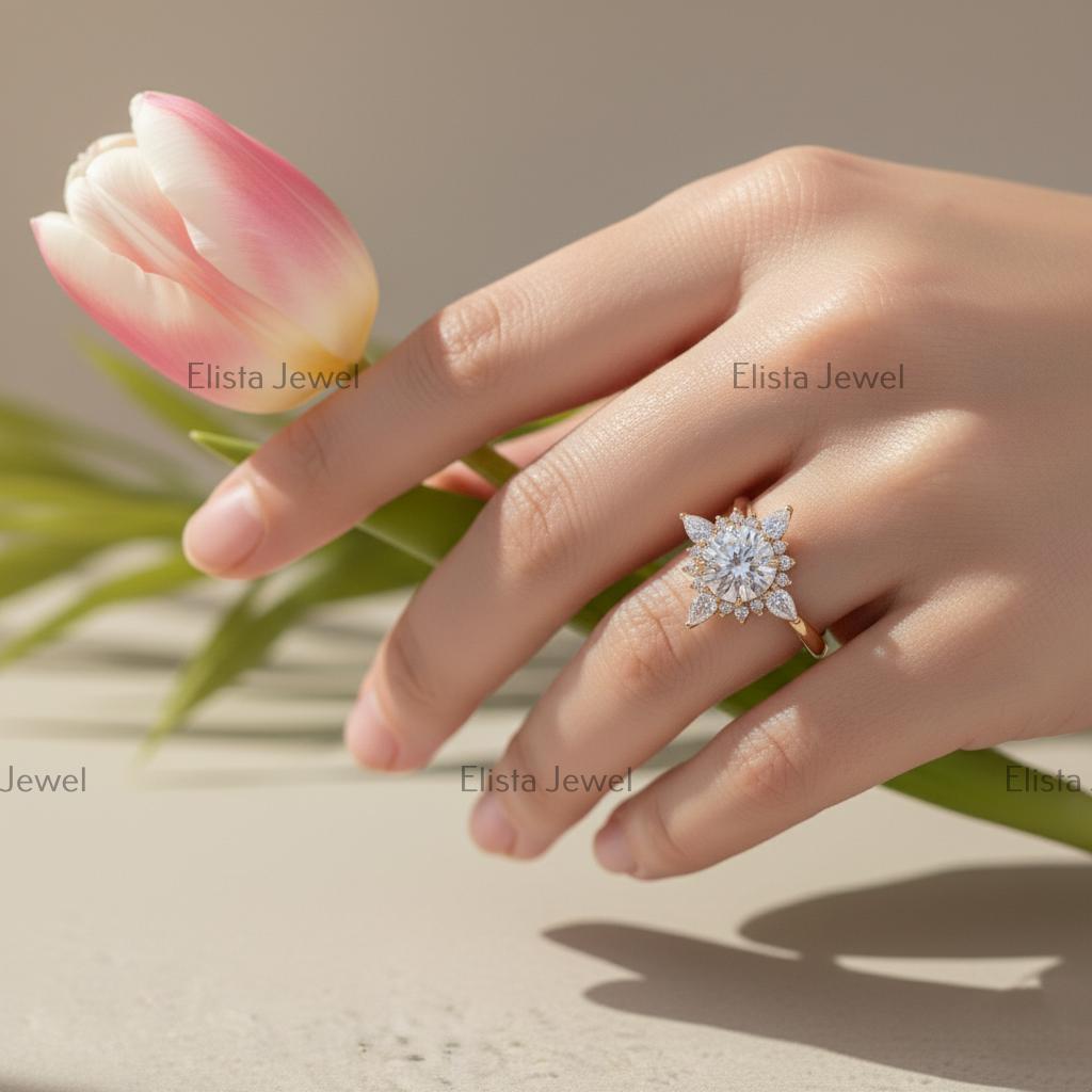 Lab-Grown Diamond Halo Engagement Ring, 14K Yellow Gold Floral Ring