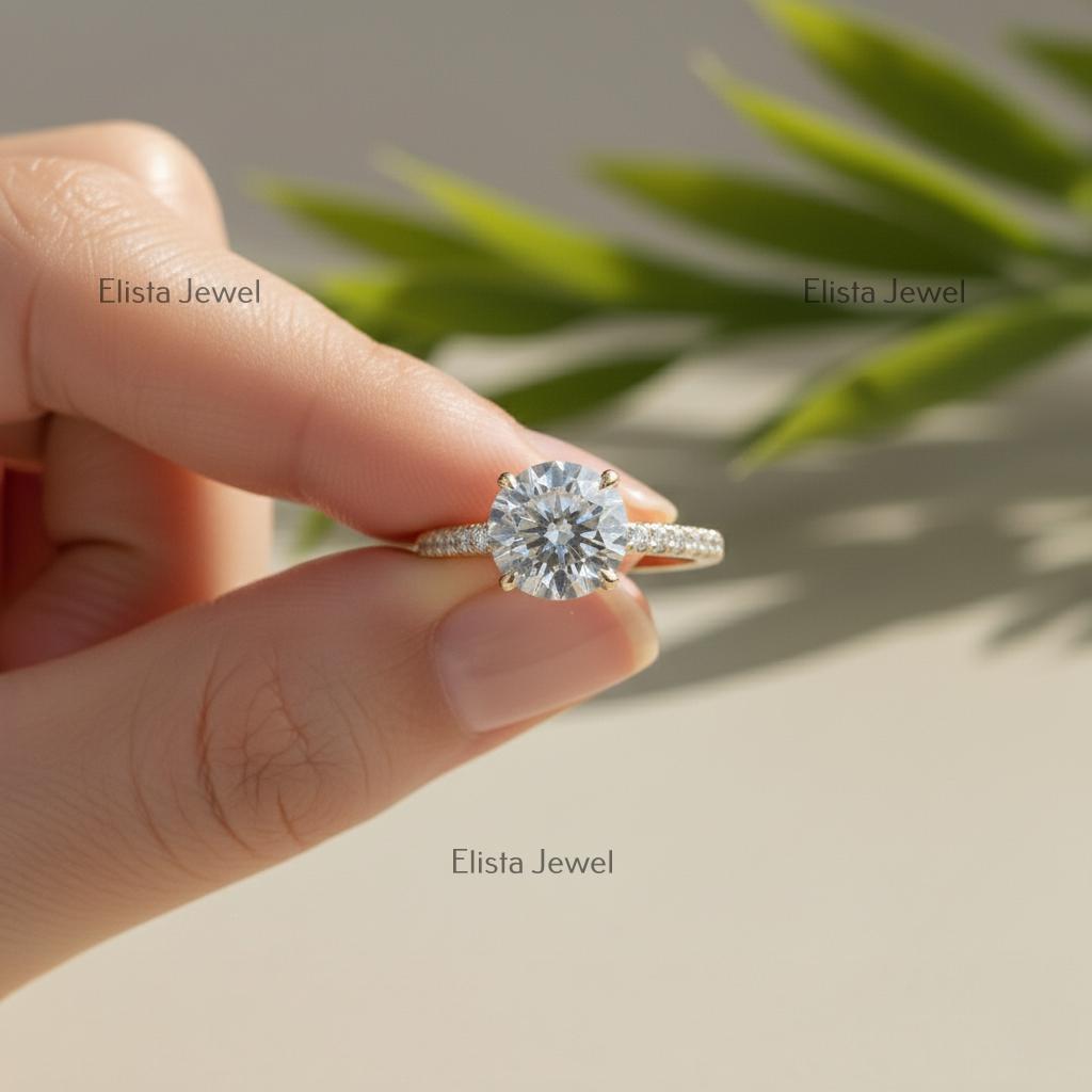 Round Lab-Grown Diamond Solitaire Engagement Ring Pavé Yellow Gold Large Statement