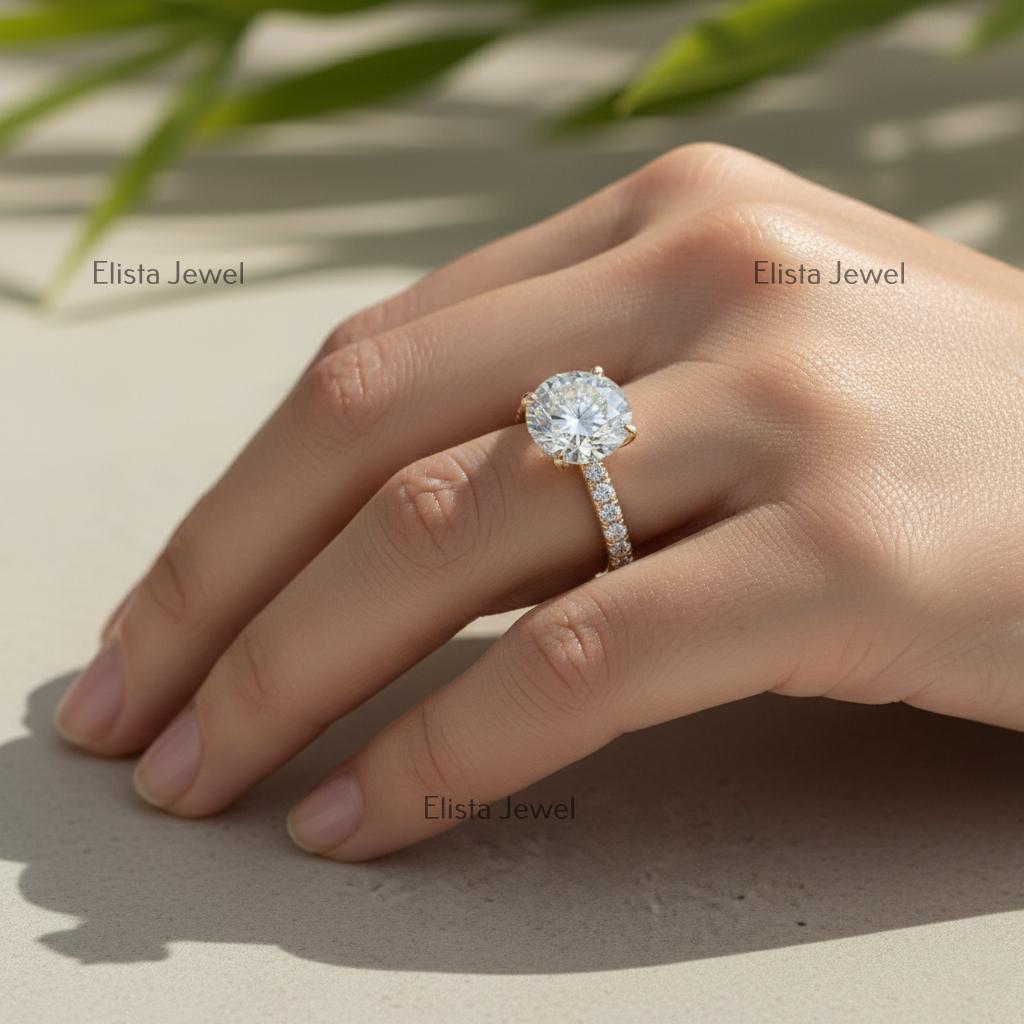 Round Lab-Grown Diamond Solitaire Engagement Ring Pavé Yellow Gold Large Statement