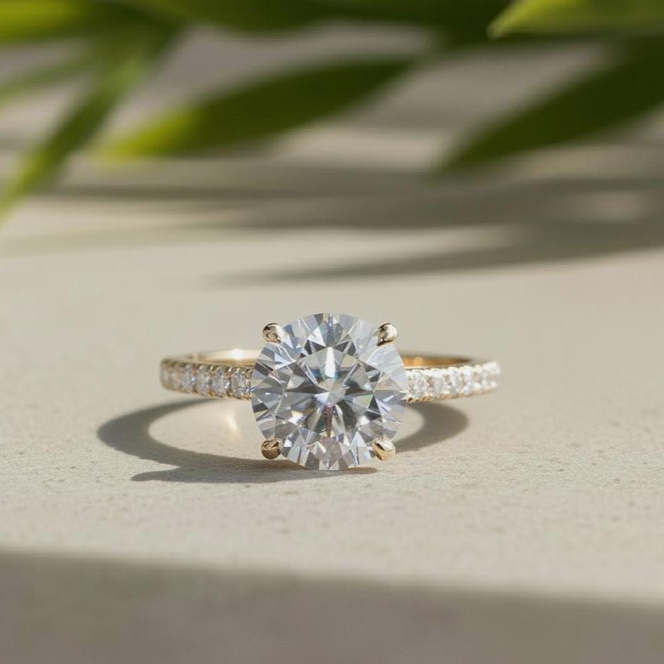 Round Lab-Grown Diamond Solitaire Engagement Ring Pavé Yellow Gold Large Statement