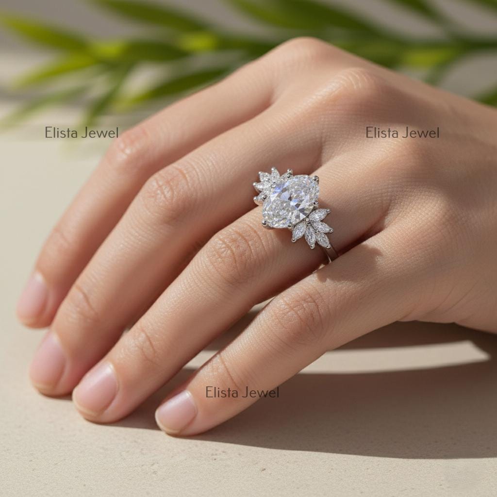 Oval Lab-Grown Diamond Bridal Ring Set, Sapphire Chevron Band, 14K White Gold
