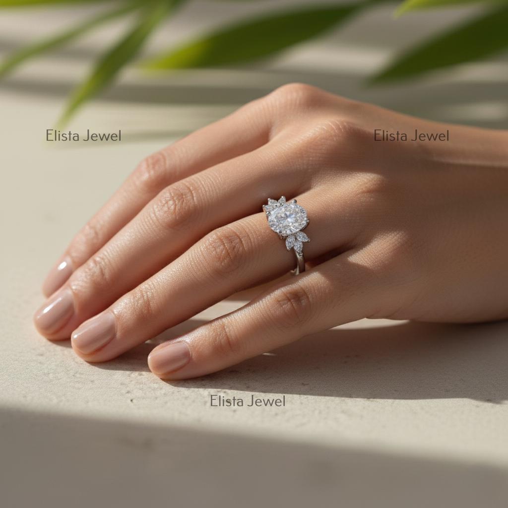 Oval Lab-Grown Diamond Bridal Ring Set, Sapphire Chevron Band, 14K White Gold
