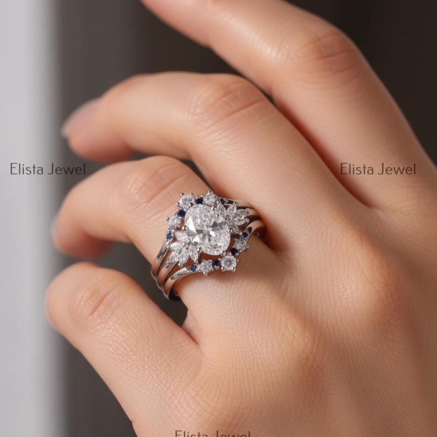 Oval Lab-Grown Diamond Bridal Ring Set, Sapphire Chevron Band, 14K White Gold