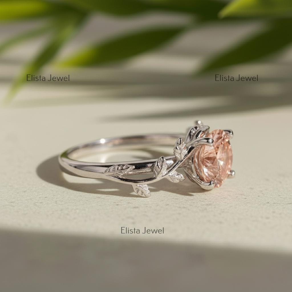 Fancy Pink Lab Grown Diamond Engagement Ring, White Gold Leaf Vine Band