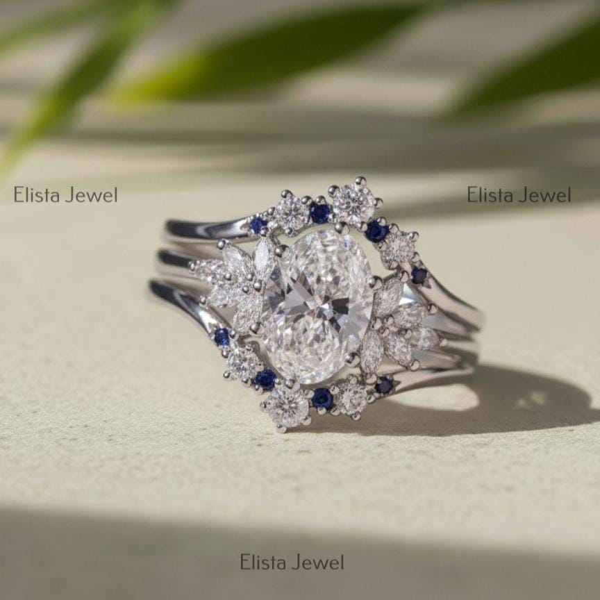 Oval Lab-Grown Diamond Bridal Ring Set, Sapphire Chevron Band, 14K White Gold