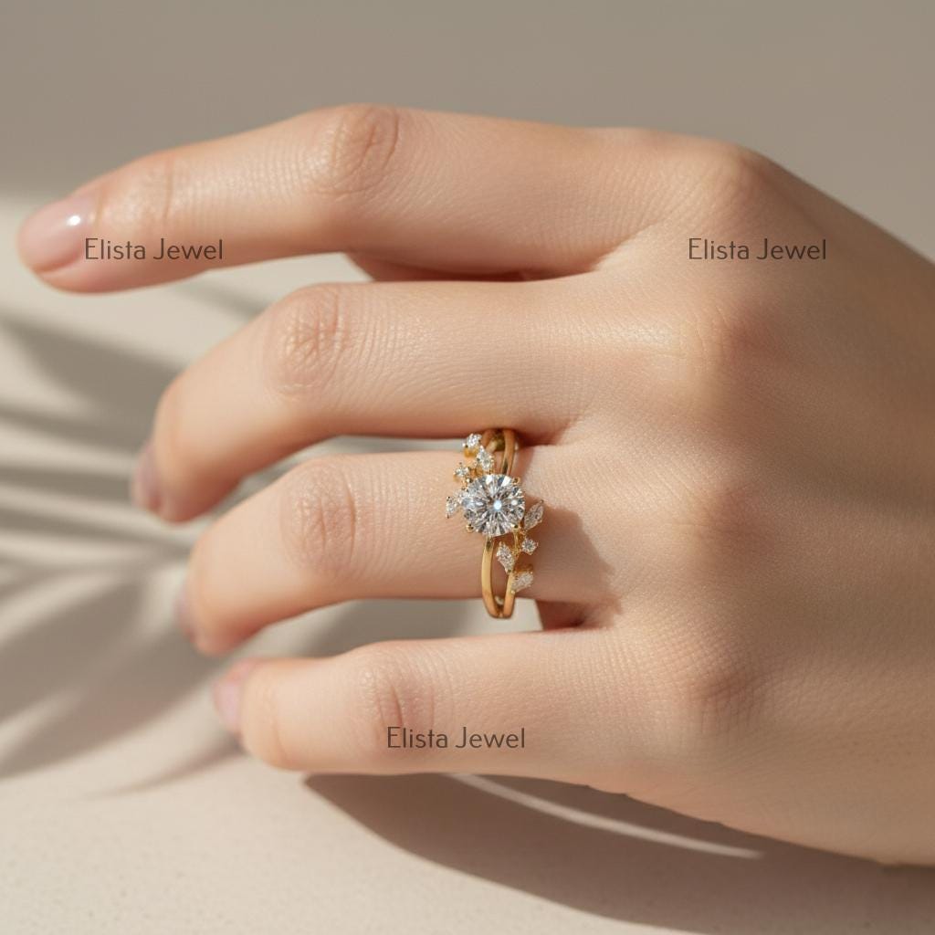 Lab-Grown Diamond Engagement Ring, 18K Yellow Gold Leaf Bridal Ring