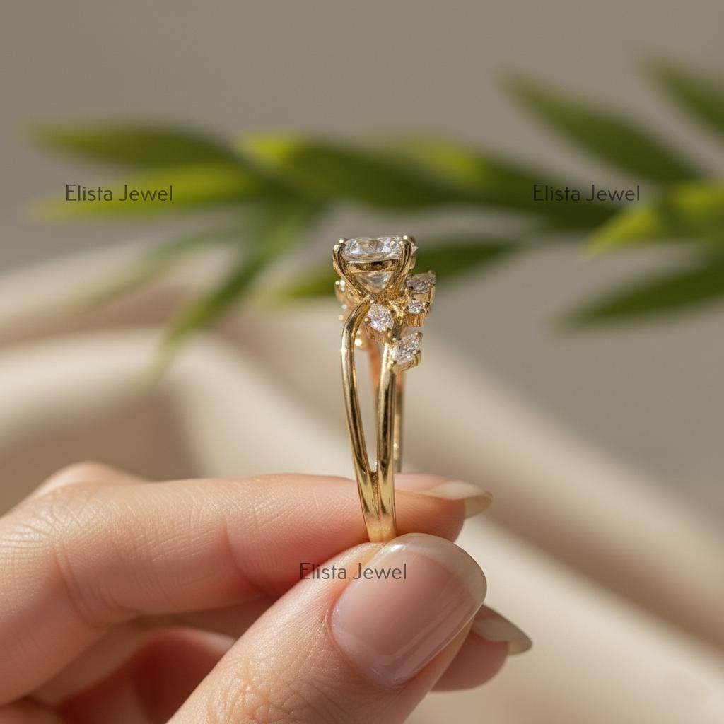 Lab-Grown Diamond Engagement Ring, 18K Yellow Gold Leaf Bridal Ring