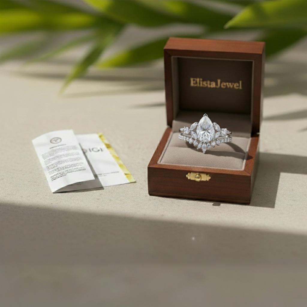 Pear Cut Lab-Grown Diamond Bridal Set, 14K White Gold, Chevron Halo