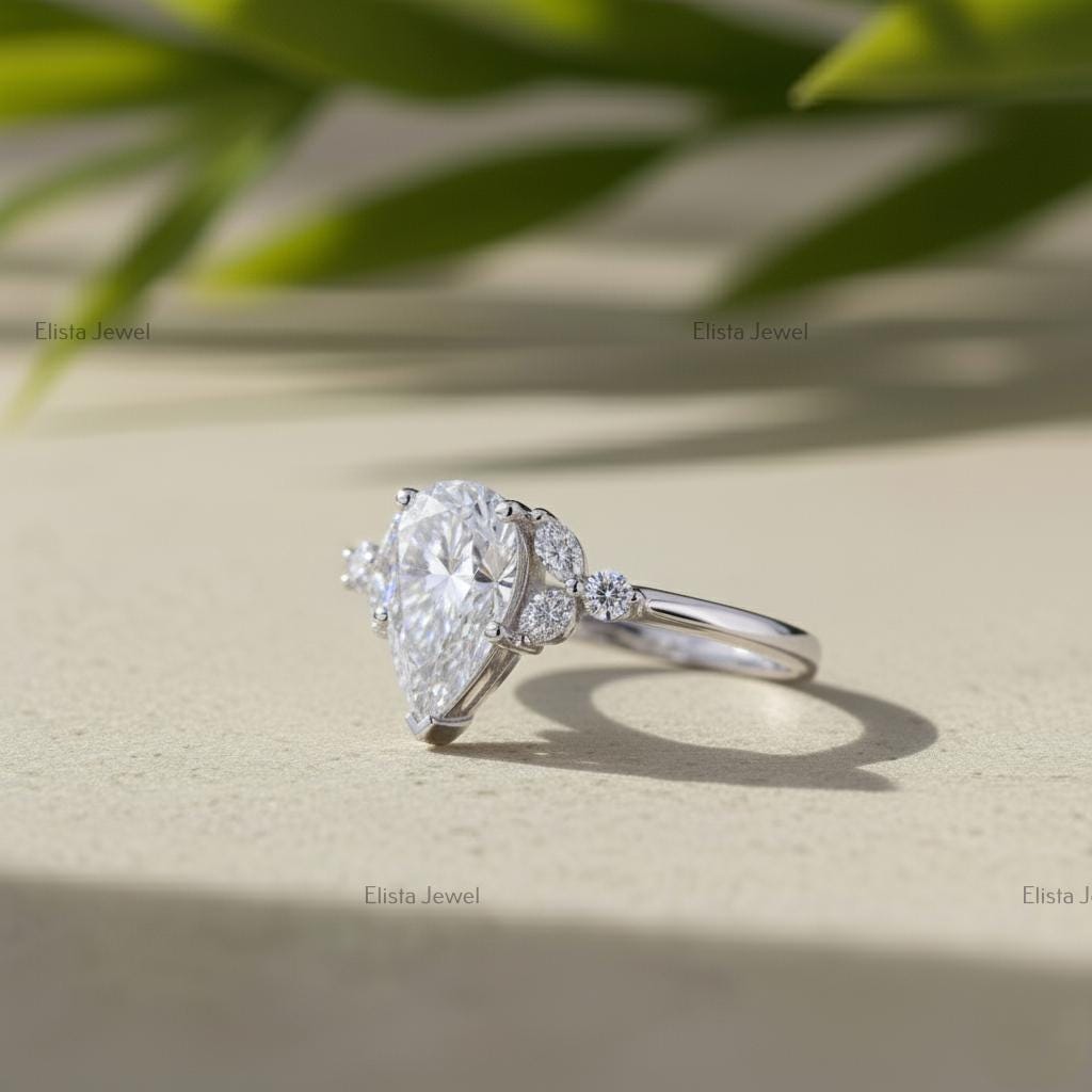 Pear Cut Lab-Grown Diamond Bridal Set, 14K White Gold, Chevron Halo
