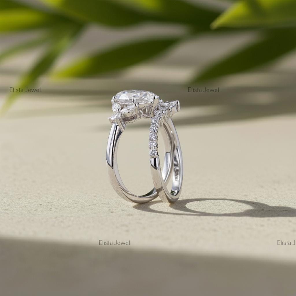 Pear Cut Lab-Grown Diamond Bridal Set, 14K White Gold, Chevron Halo