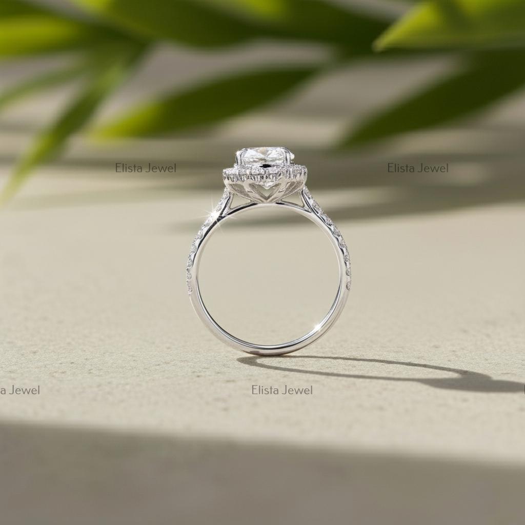 Pear Cut Lab-Grown Diamond Engagement Ring, 14K White Gold Halo Ring For Women