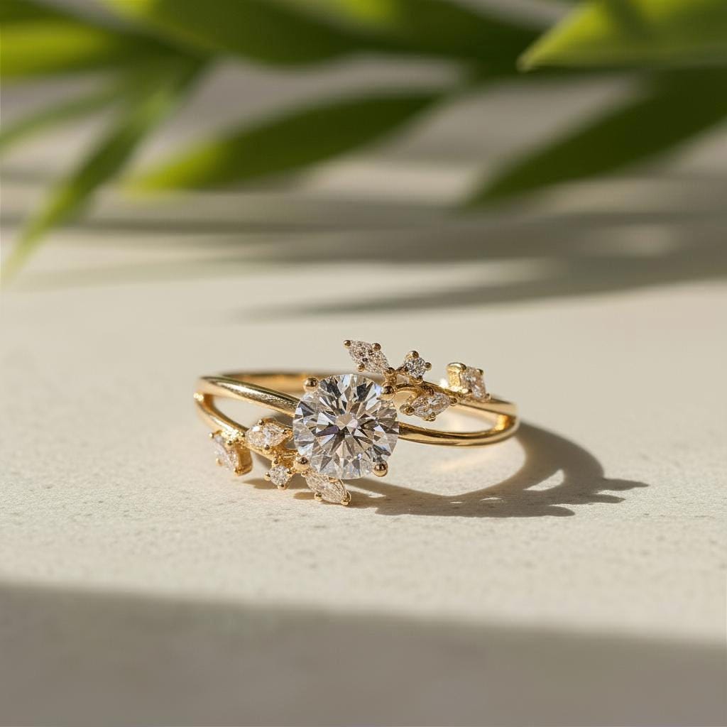 Lab-Grown Diamond Engagement Ring, 18K Yellow Gold Leaf Bridal Ring
