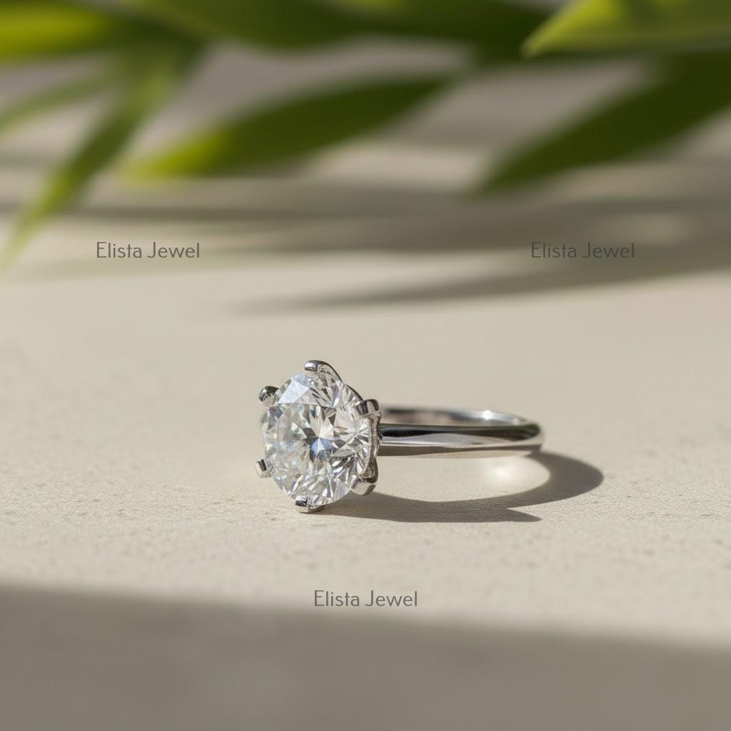 Round Lab-Grown Diamond Solitaire Engagement Ring in 14K Solid White Gold With 6-Prongs