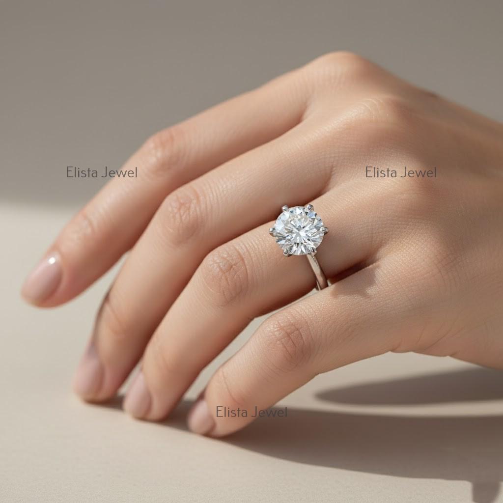 Round Lab-Grown Diamond Solitaire Engagement Ring in 14K Solid White Gold With 6-Prongs