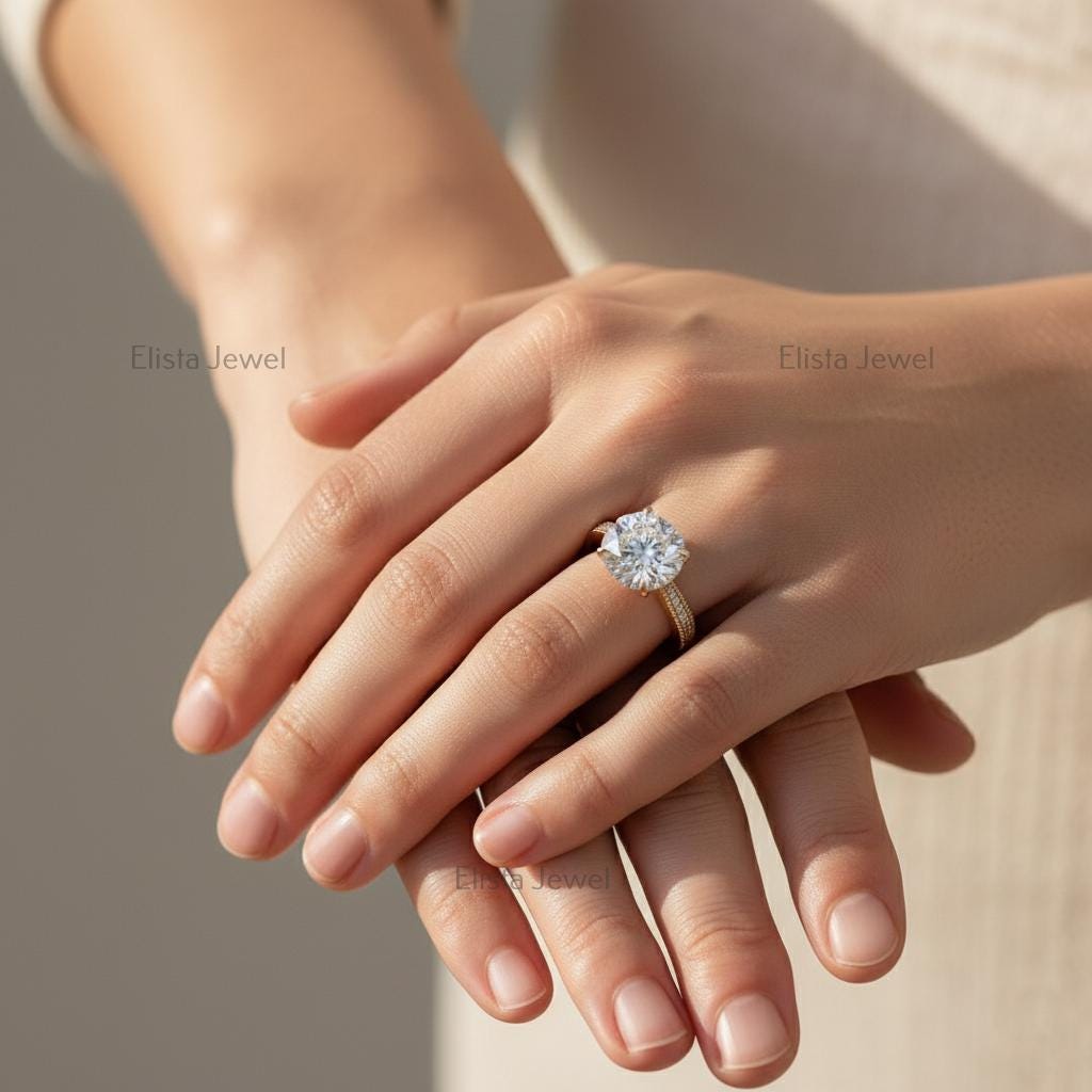 Round Lab-Grown Diamond Engagement Ring, 18K Yellow Gold, Pavé Milgrain