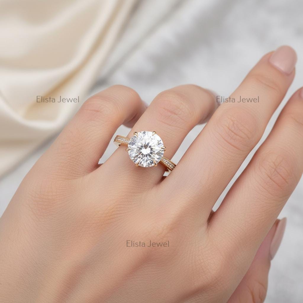 Round Lab-Grown Diamond Engagement Ring, 18K Yellow Gold, Pavé Milgrain