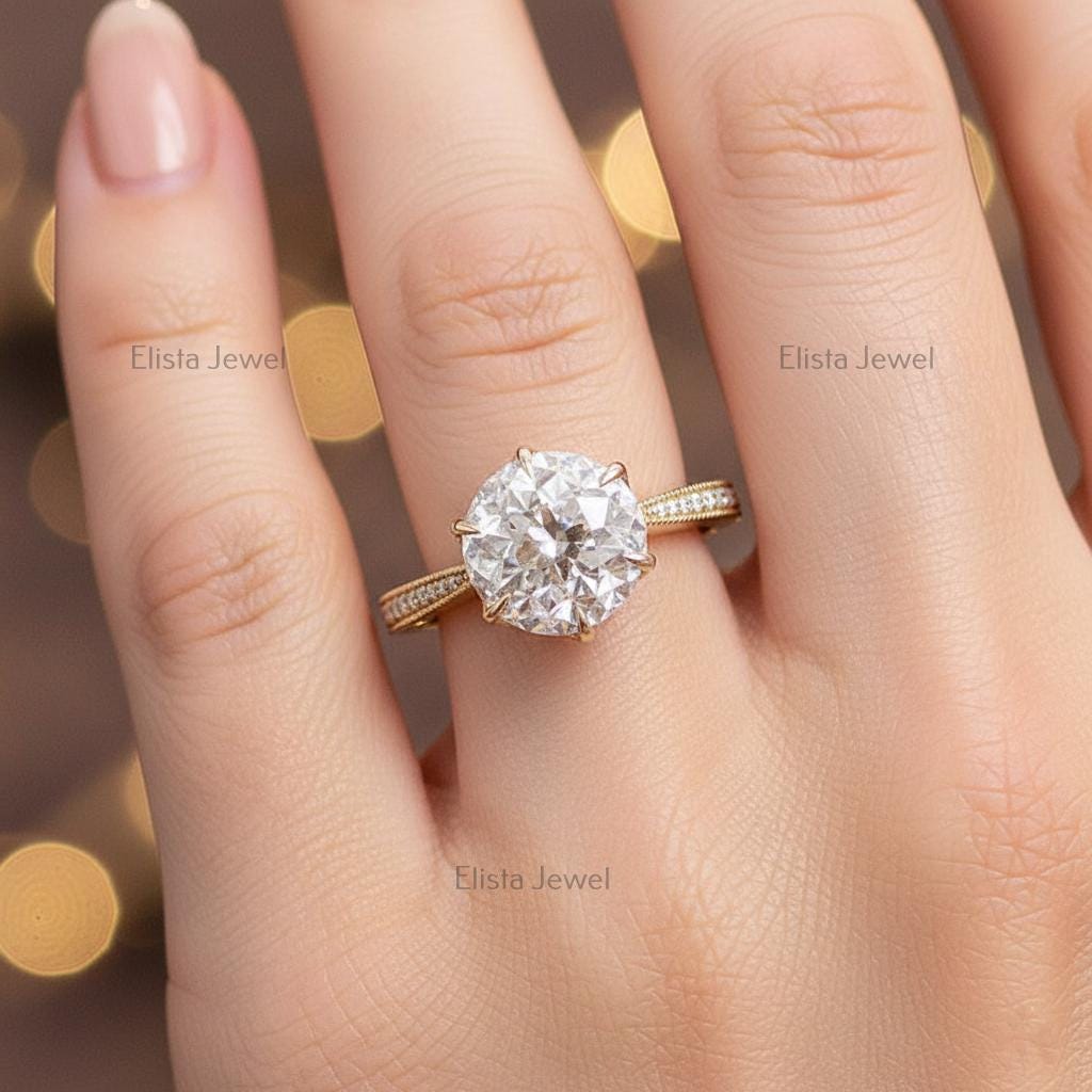 Round Lab-Grown Diamond Engagement Ring, 18K Yellow Gold, Pavé Milgrain