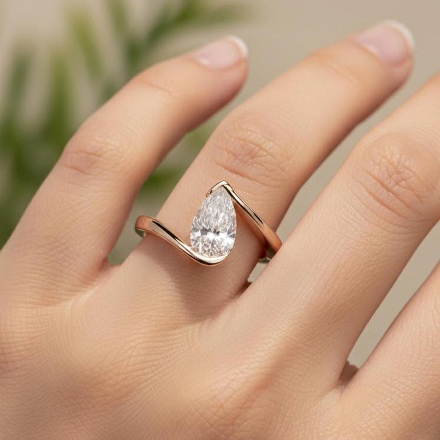 Pear Lab-Grown Diamond Bypass Solitaire Ring in Rose Gold, Modern Sculptural Band