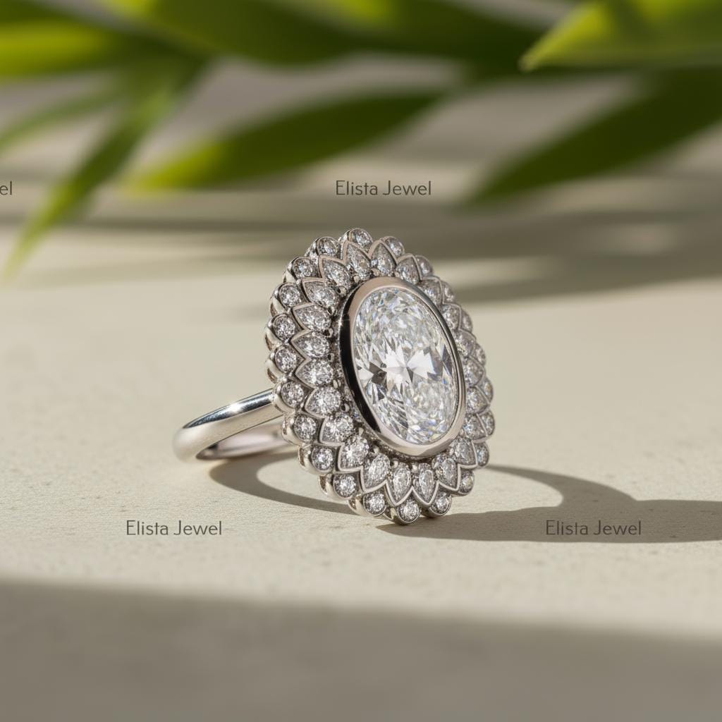 Oval Lab-Grown Diamond Cocktail Ring, Double Halo, 14K White Gold