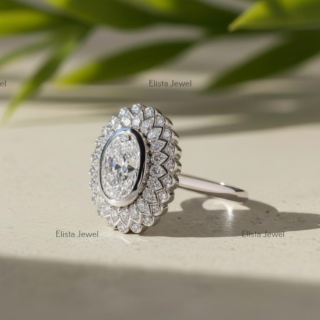 Oval Lab-Grown Diamond Cocktail Ring, Double Halo, 14K White Gold
