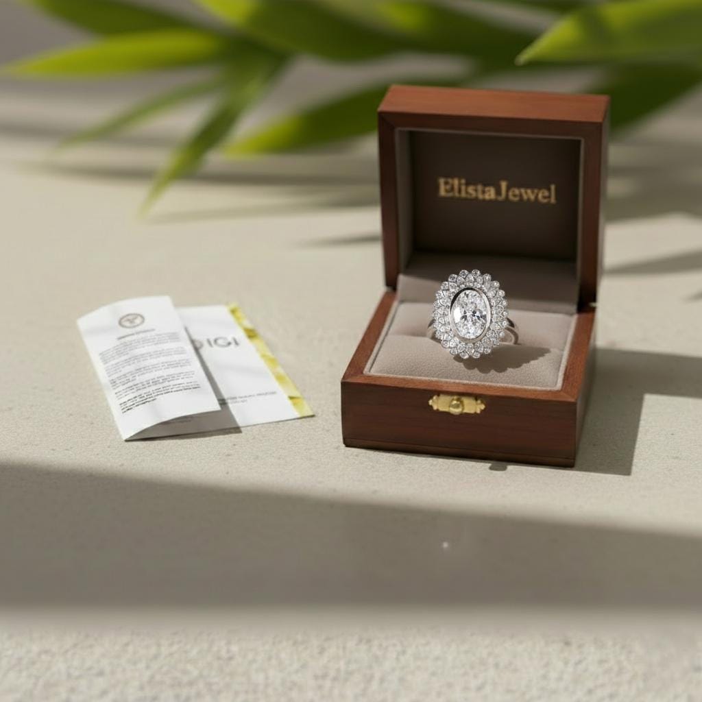 Oval Lab-Grown Diamond Cocktail Ring, Double Halo, 14K White Gold