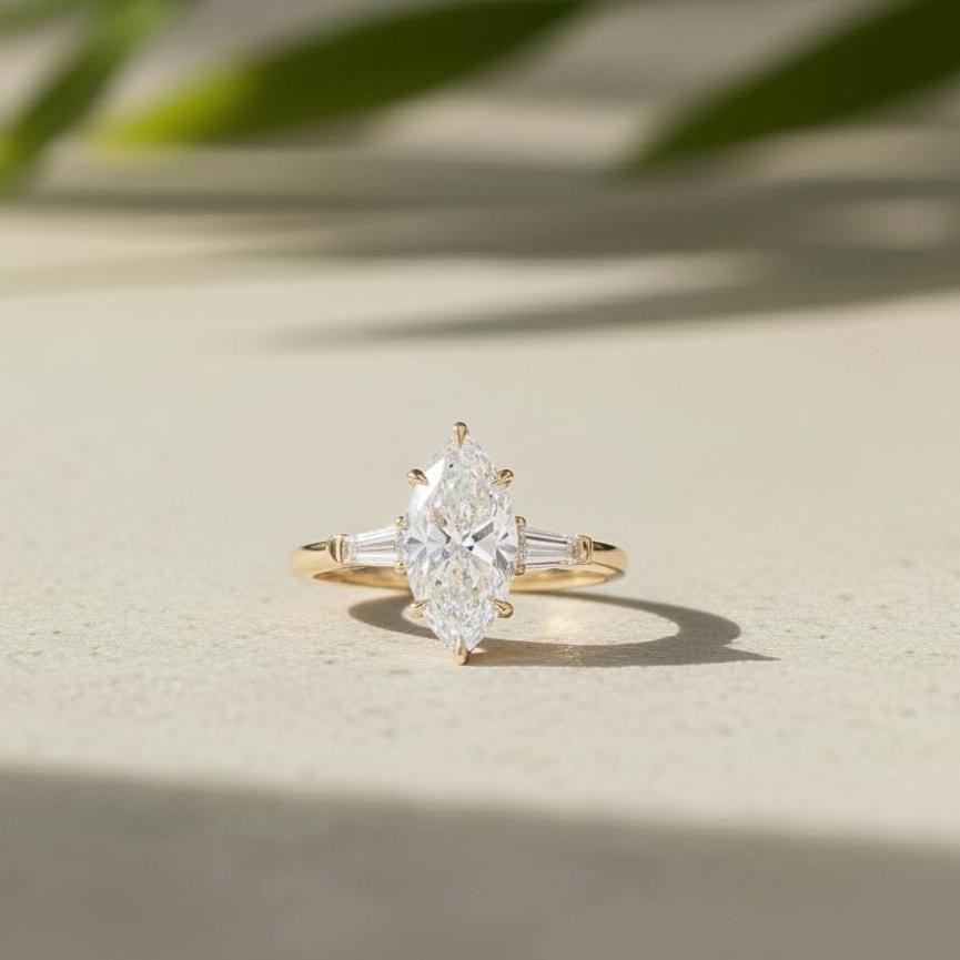 Marquise Lab-Grown Diamond Three Stone 10K Yellow Gold Engagement Ring