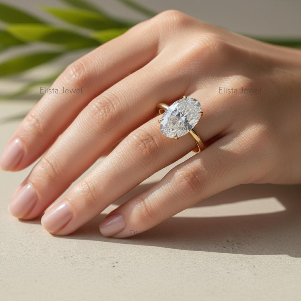 Oval Lab-grown Diamond Solitaire Ring, 14K Yellow Gold Hidden Halo Engagement Ring For Women