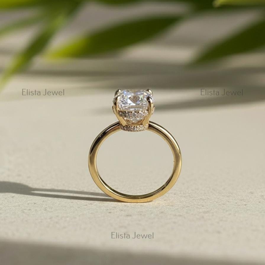 Oval Lab-grown Diamond Solitaire Ring, 14K Yellow Gold Hidden Halo Engagement Ring For Women