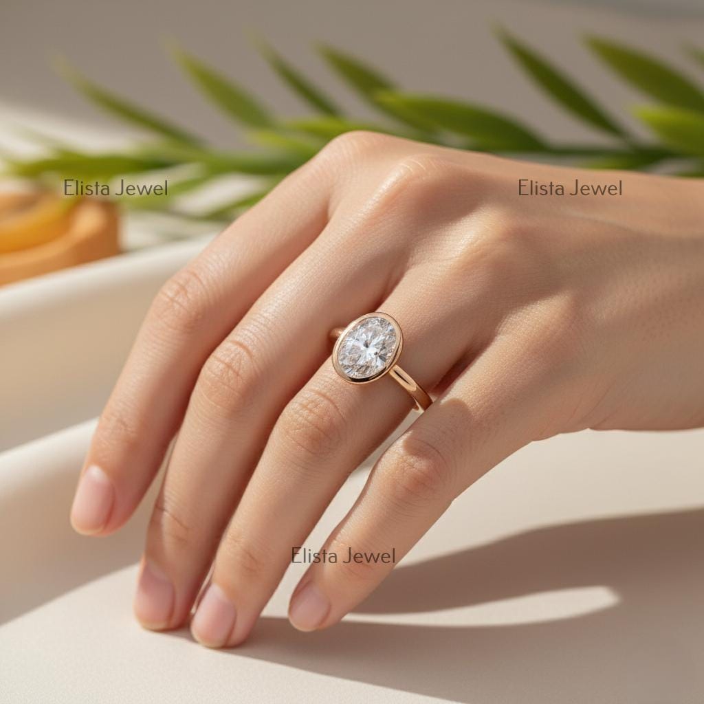 Oval Lab-Grown Diamond Rose Gold Engagement Ring, Pavé Halo Bezel Set