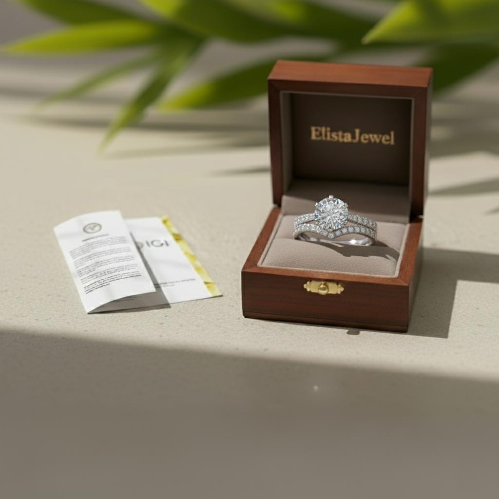 Round Lab-Grown Diamond Bridal Set Solitaire Pave Chevron Band in 14K Solid White Gold