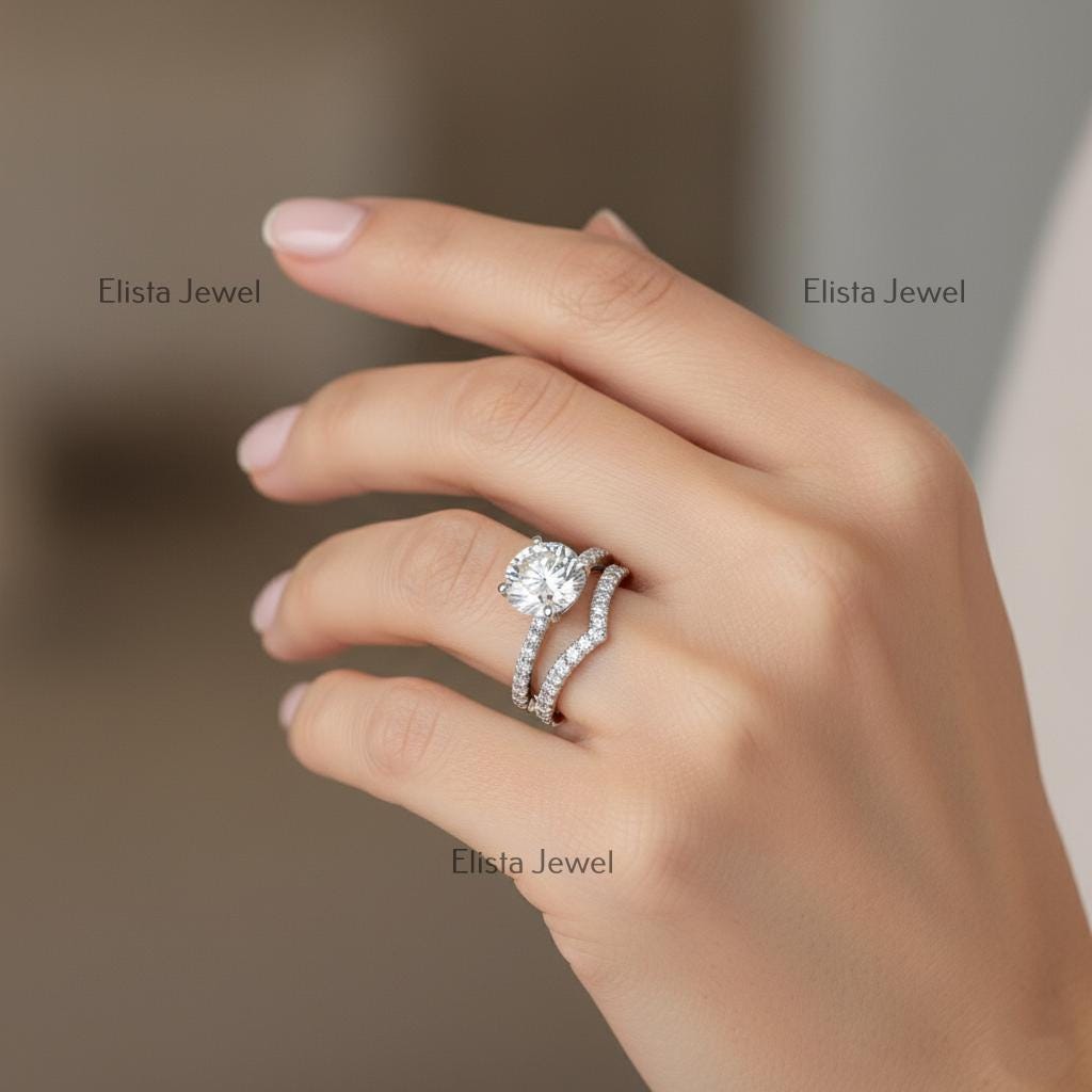 Round Lab-Grown Diamond Bridal Set Solitaire Pave Chevron Band in 14K Solid White Gold