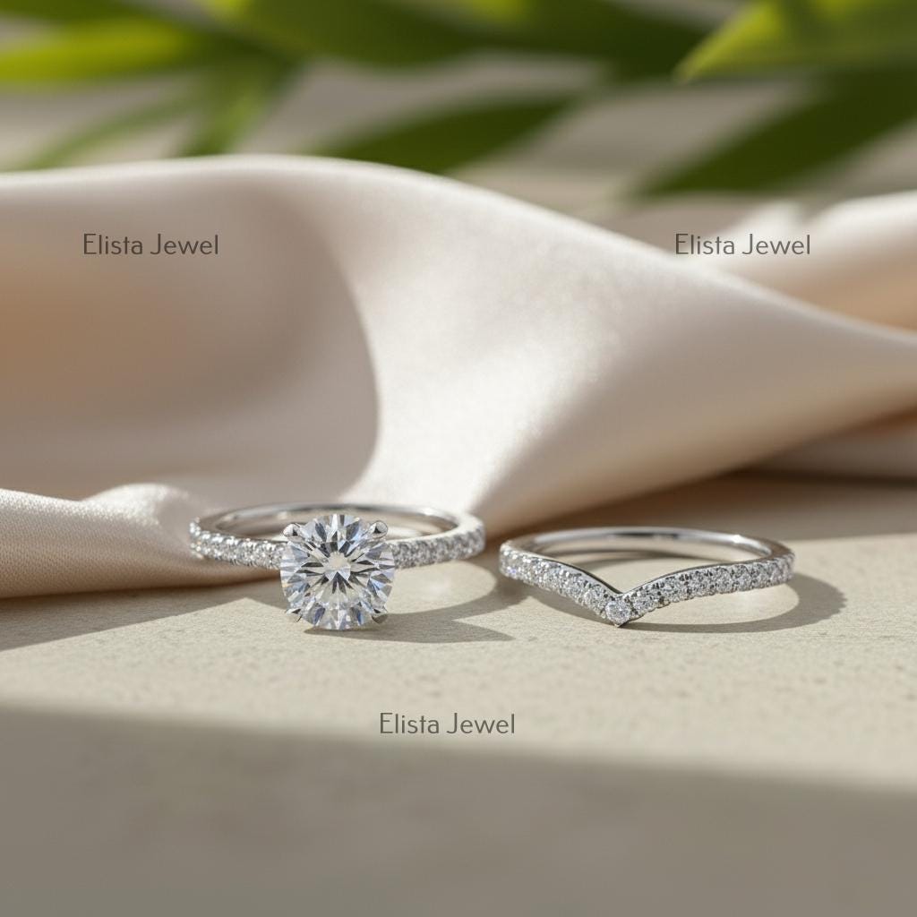 Round Lab-Grown Diamond Bridal Set Solitaire Pave Chevron Band in 14K Solid White Gold