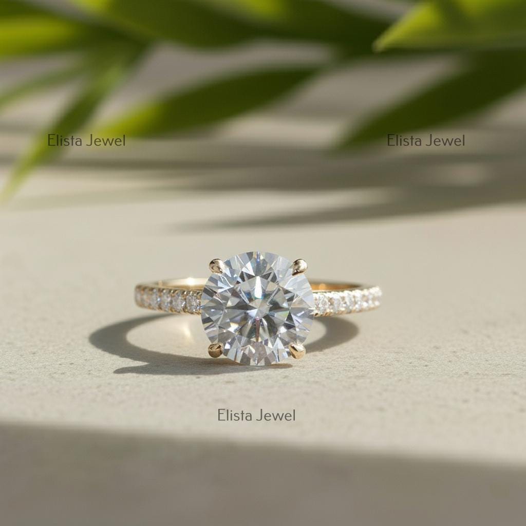 Round Lab-Grown Diamond Solitaire Engagement Ring Pavé Yellow Gold Large Statement