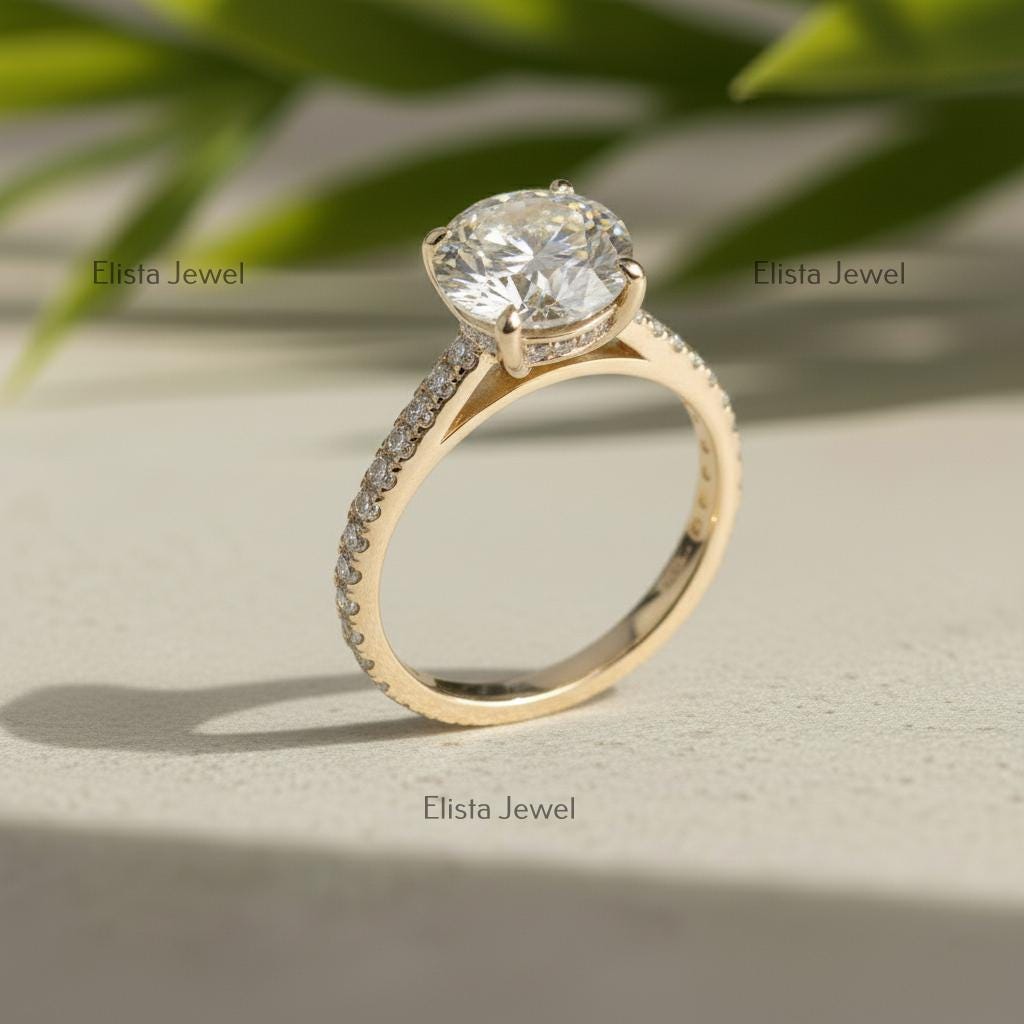 Round Lab-Grown Diamond Solitaire Engagement Ring Pavé Yellow Gold Large Statement