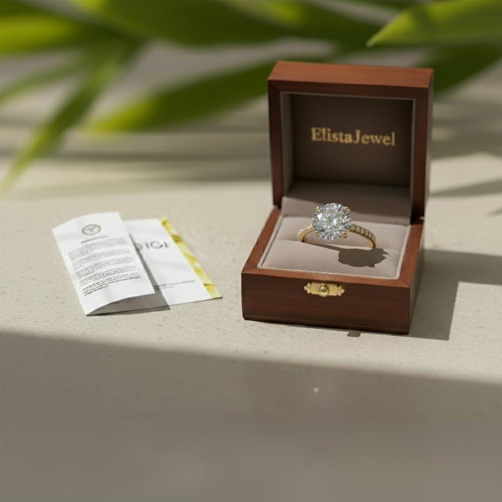 Round Lab-Grown Diamond Solitaire Engagement Ring Pavé Yellow Gold Large Statement