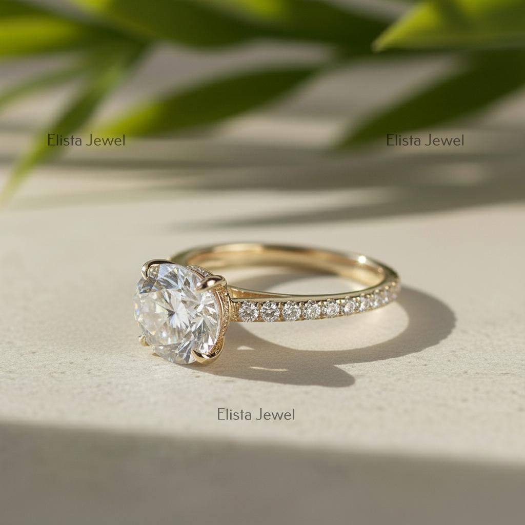 Round Lab-Grown Diamond Solitaire Engagement Ring Pavé Yellow Gold Large Statement