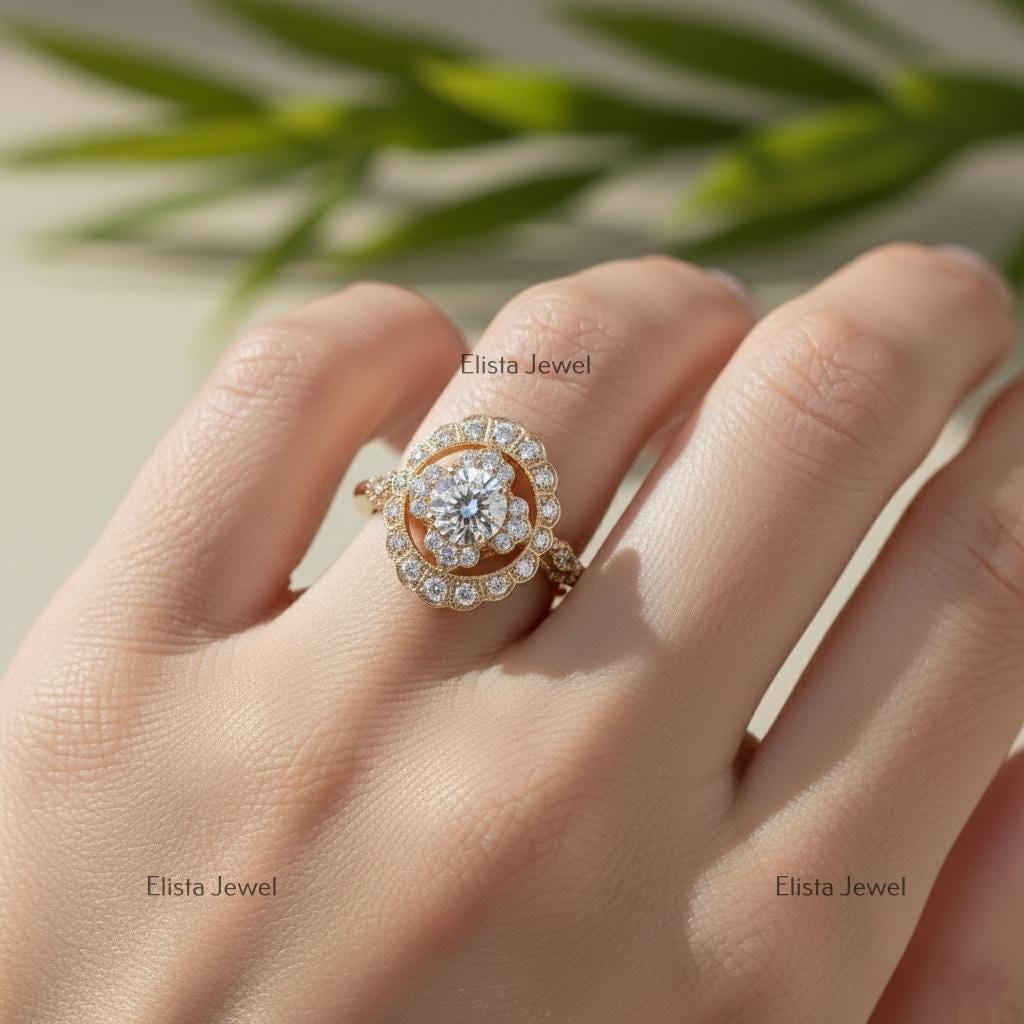 Lab-Grown Diamond Double Halo Engagement Ring: 10K Yellow Gold Floral Ring