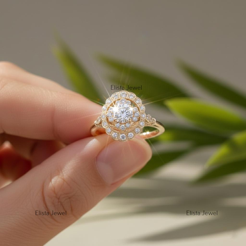 Lab-Grown Diamond Double Halo Engagement Ring: 10K Yellow Gold Floral Ring