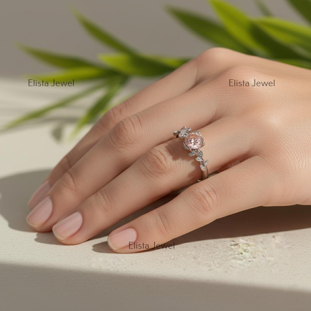 Fancy Pink Lab Grown Diamond Engagement Ring, White Gold Leaf Vine Band