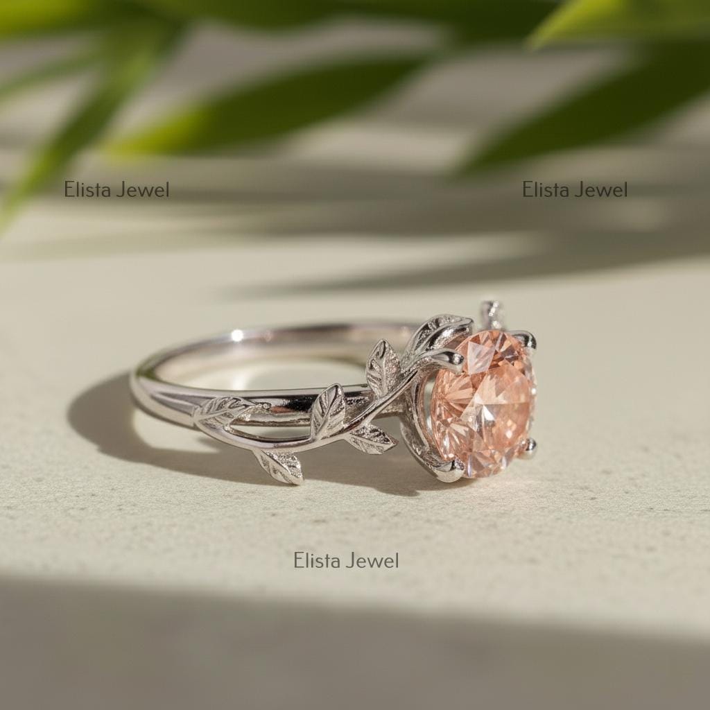 Fancy Pink Lab Grown Diamond Engagement Ring, White Gold Leaf Vine Band